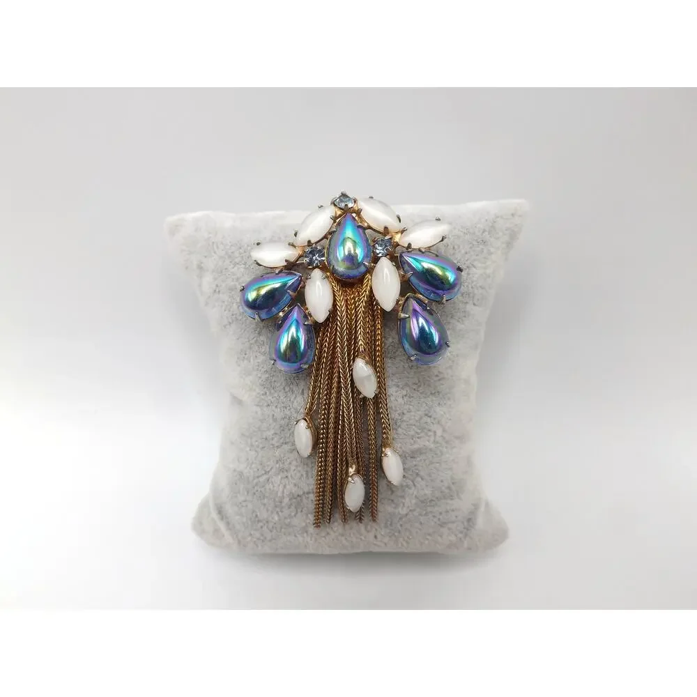 Iridescent Blue Gold Plated Fringe Brooch, White Art Glass Stones, 1960s Vintage